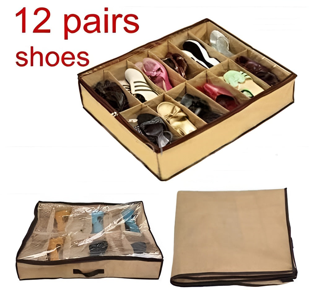 Under Bed Shoe Storage Organizer – 12 Pair Shoe Storage Bag with Clear PVC Cover