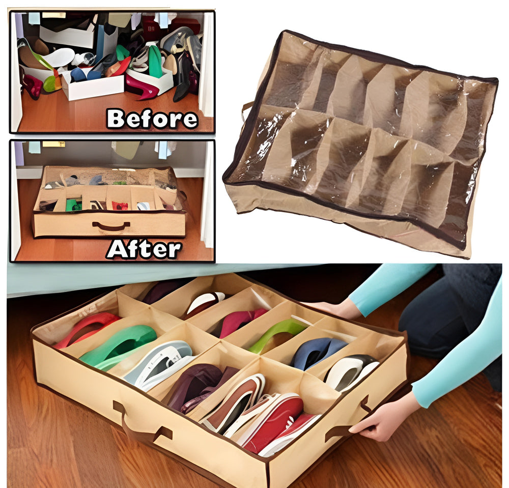 Under Bed Shoe Storage Organizer – 12 Pair Shoe Storage Bag with Clear PVC Cover