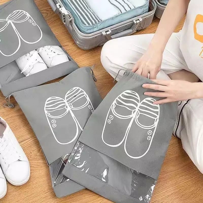 Shoe Storage Bag Dust-Proof Waterproof Transparent Non Woven Fabric Shoe Tote Drawstring Packaging Organizer For Travel - Pack Of 1