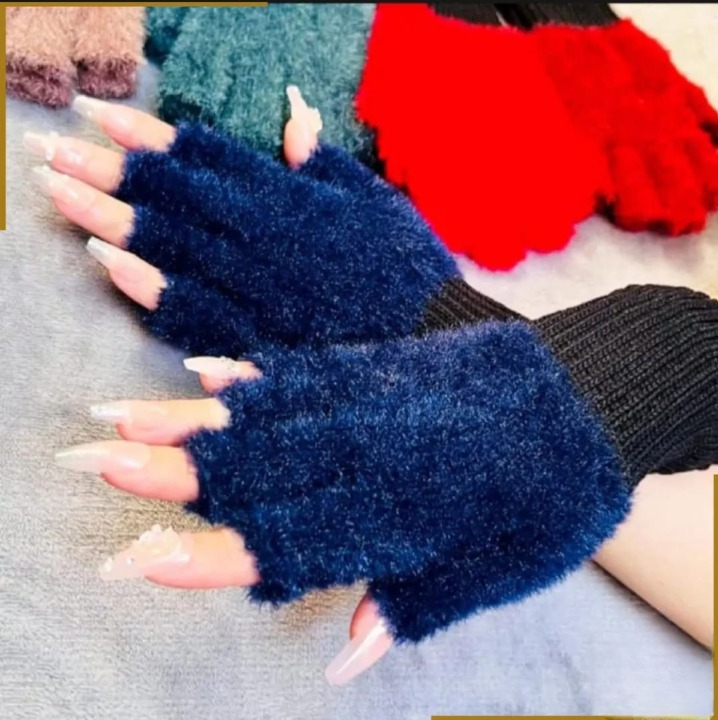 Winter Half Finger Plush Gloves for Women – Warm Fingerless Velvet Gloves (1 Pair | Random Color)