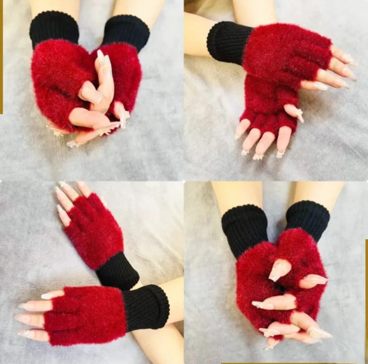 Winter Half Finger Plush Gloves for Women – Warm Fingerless Velvet Gloves (1 Pair | Random Color)