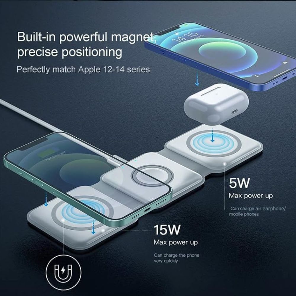 3 In 1 15W Fast Magnetic Wireless Charging Pad For Phone, AirPods & Smartwatch