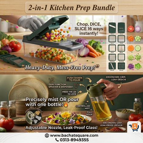 2-in-1 Kitchen Prep Bundle-16-in-1 Vegetable Chopper & Dicer Set + 470ml Glass Oil Sprayer & Dispenser Bottle