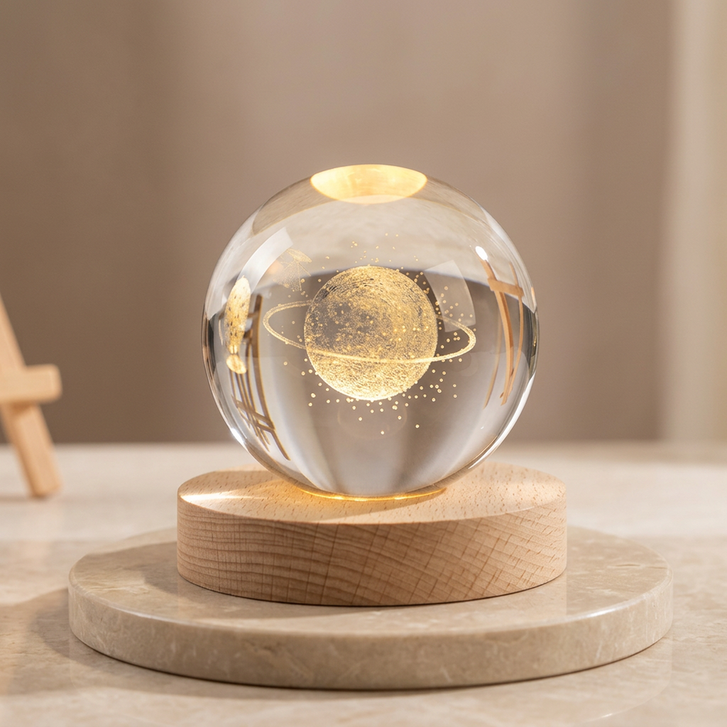 3D Crystal Ball Night Lamp – USB Rechargeable Golden LED Table Lamp with Wooden Base