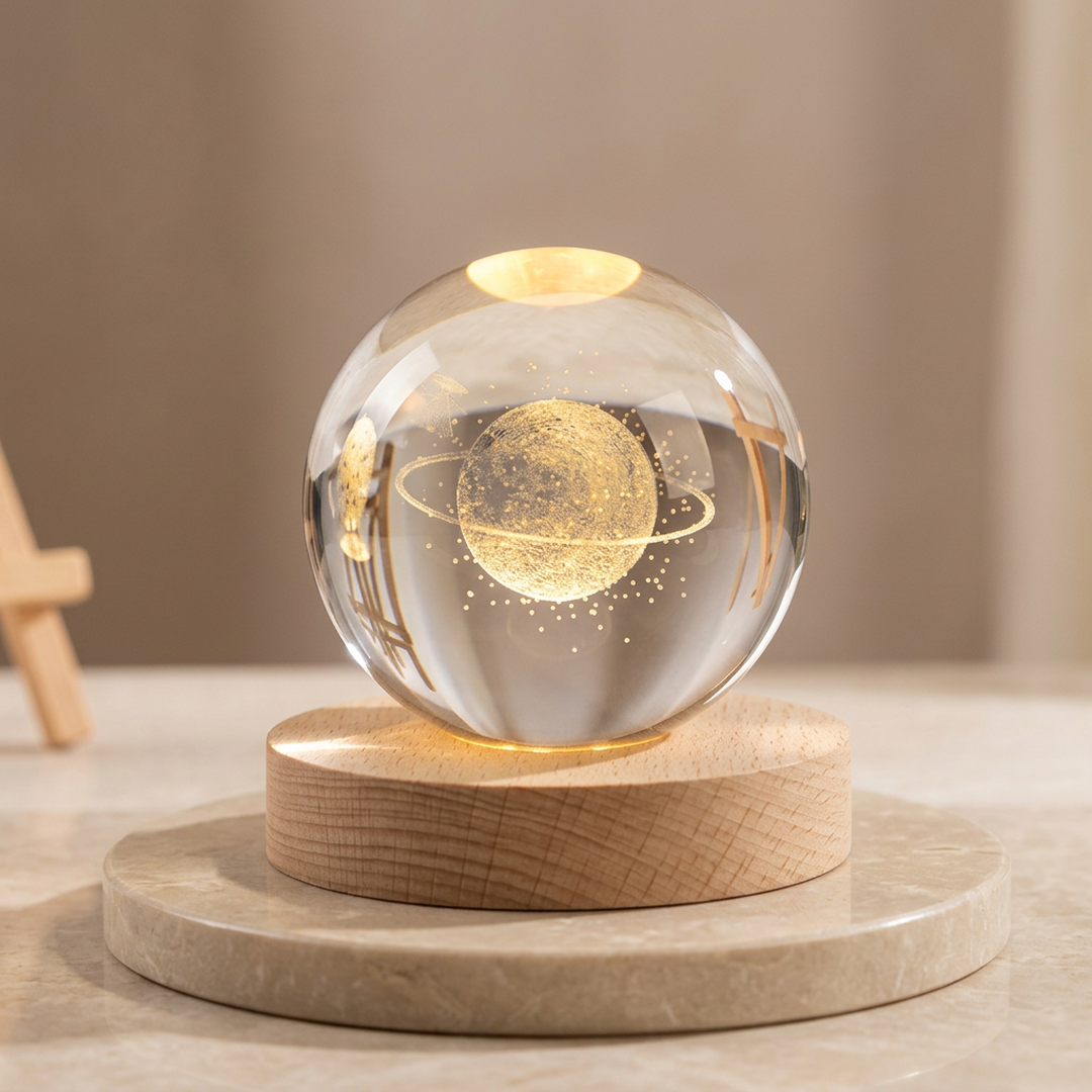 3D Crystal Ball Night Lamp – USB Rechargeable Golden LED Table Lamp with Wooden Base
