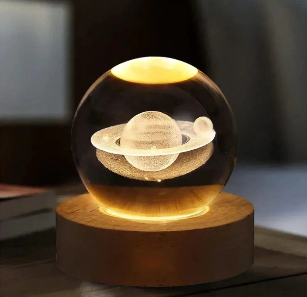 3D Crystal Ball Night Lamp – USB Rechargeable Golden LED Table Lamp with Wooden Base