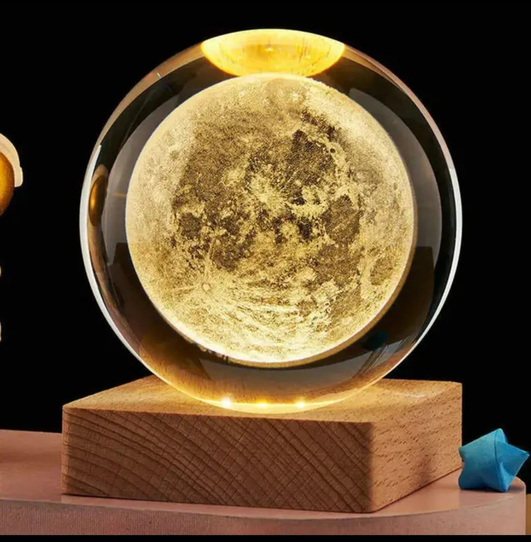 3D Crystal Ball Night Lamp – USB Rechargeable Golden LED Table Lamp with Wooden Base