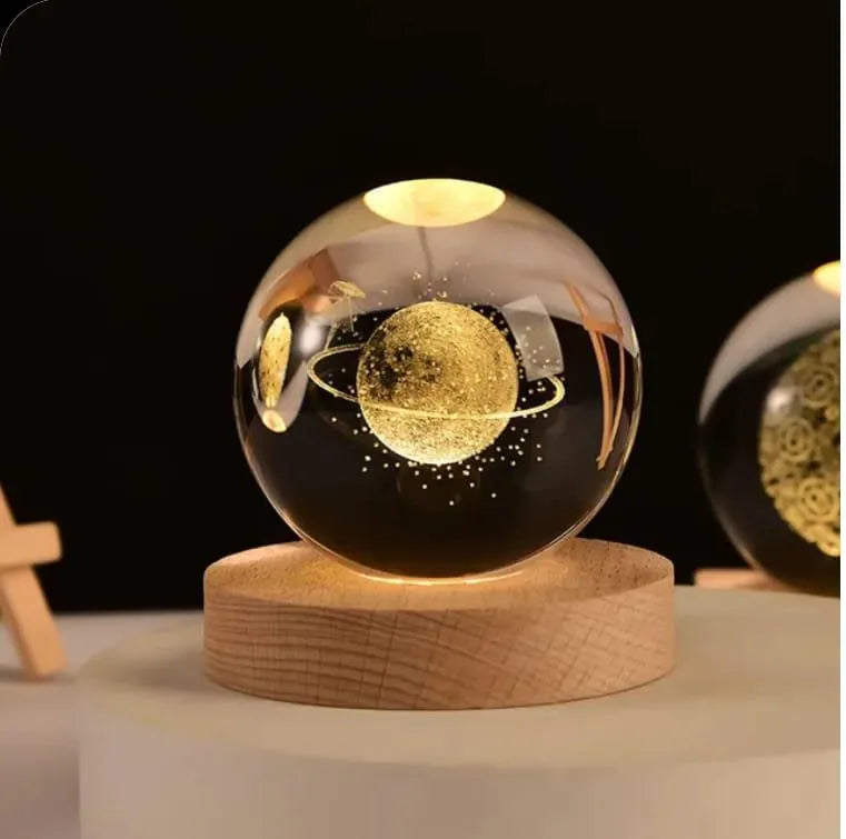 3D Crystal Ball Night Lamp – USB Rechargeable Golden LED Table Lamp with Wooden Base