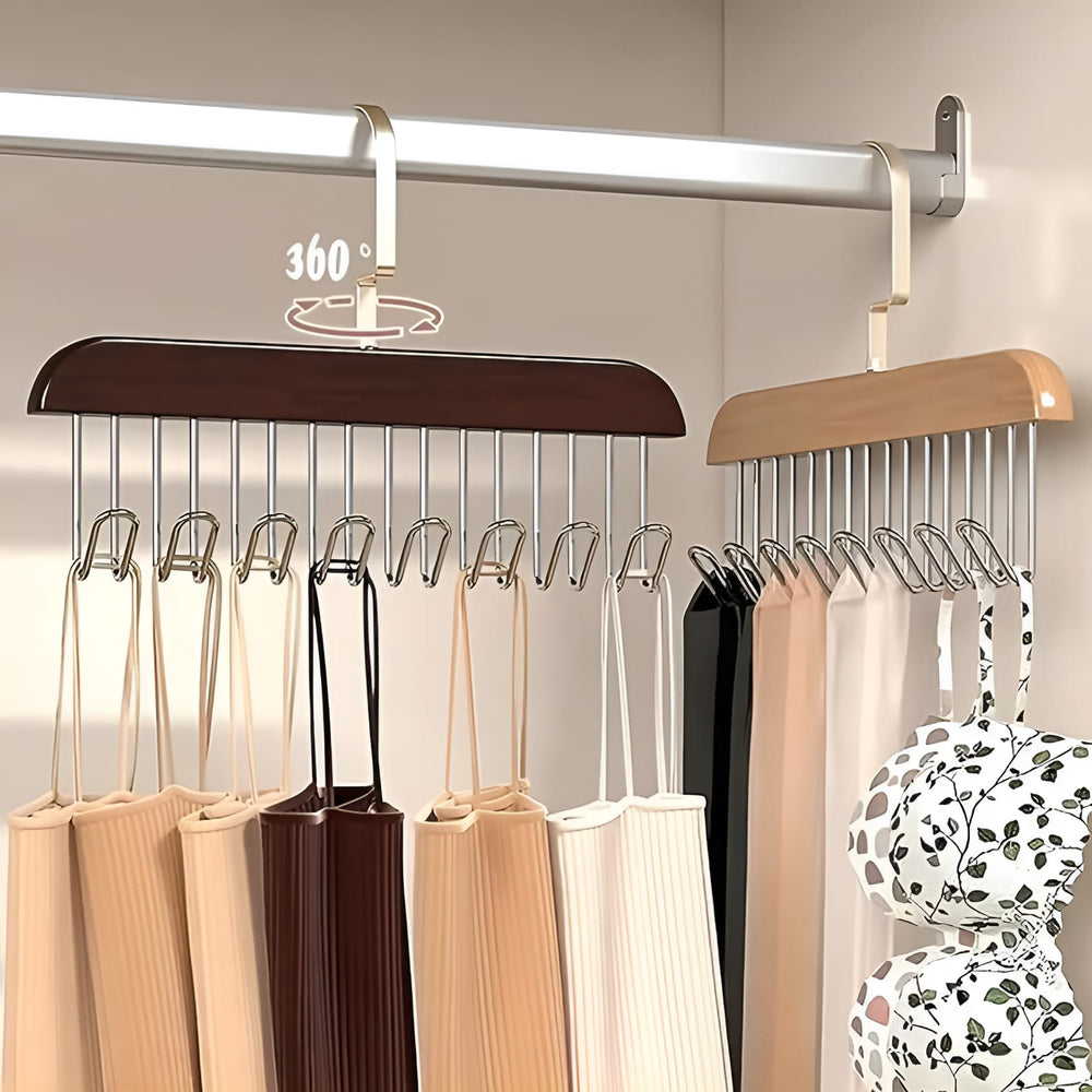 8-Hook Wooden Clothes Hanger with Tie & Belt Rack – 360° Rotating Multipurpose Organizer