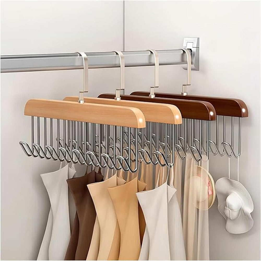 8-Hook Wooden Clothes Hanger with Tie & Belt Rack – 360° Rotating Multipurpose Organizer