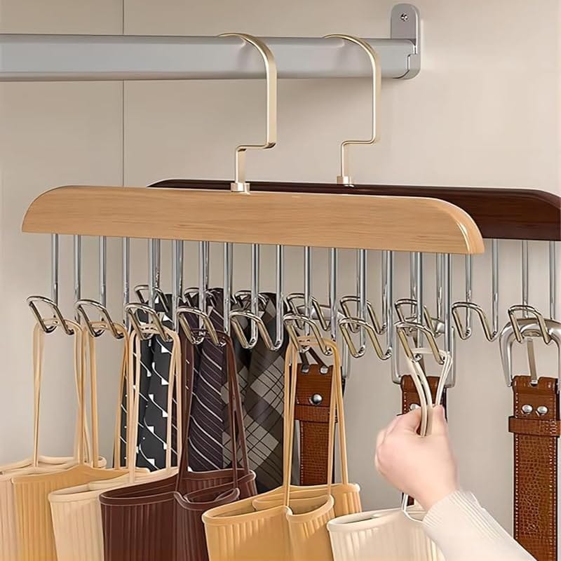 8-Hook Wooden Clothes Hanger with Tie & Belt Rack – 360° Rotating Multipurpose Organizer