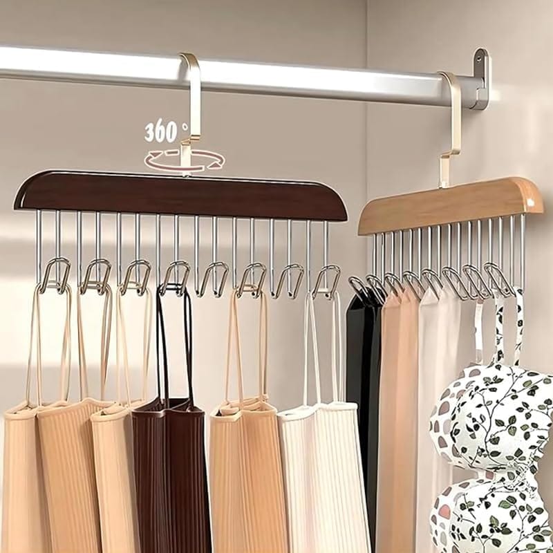 8-Hook Wooden Clothes Hanger with Tie & Belt Rack – 360° Rotating Multipurpose Organizer