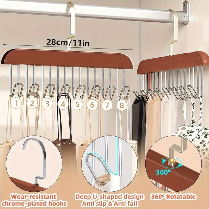 8-Hook Wooden Clothes Hanger with Tie & Belt Rack – 360° Rotating Multipurpose Organizer