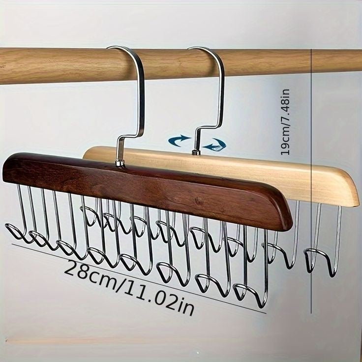 8-Hook Wooden Clothes Hanger with Tie & Belt Rack – 360° Rotating Multipurpose Organizer