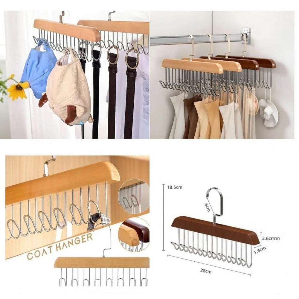 8-Hook Wooden Clothes Hanger with Tie & Belt Rack – 360° Rotating Multipurpose Organizer