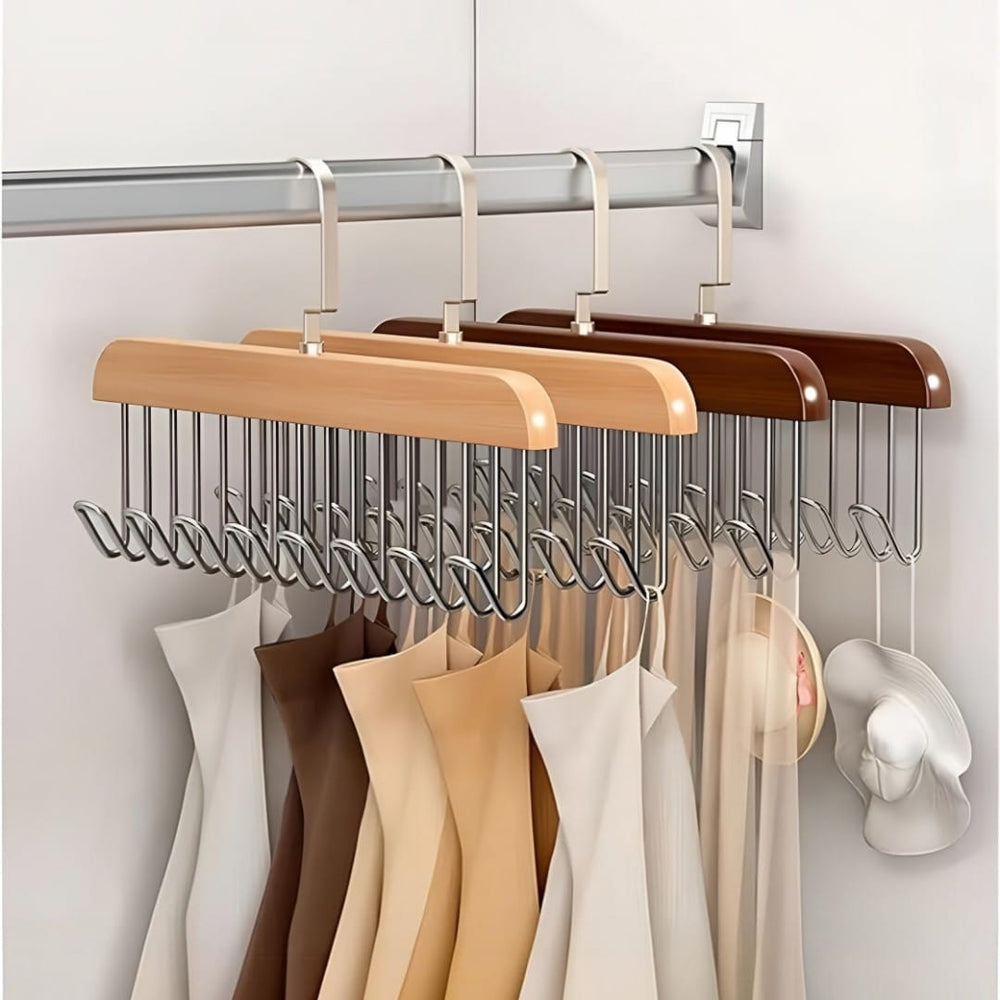 8-Hook Wooden Clothes Hanger with Tie & Belt Rack – 360° Rotating Multipurpose Organizer